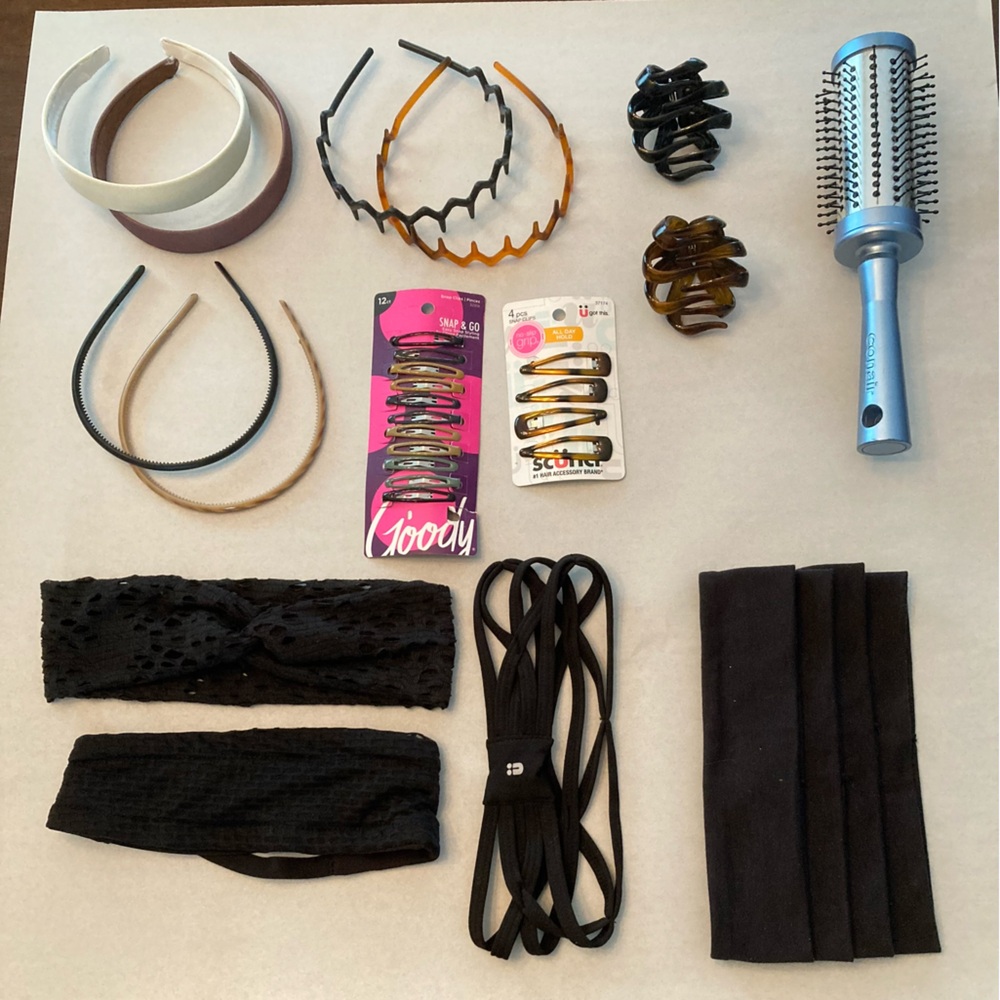 Hair accessories - Headbands, hair clips, and Conair styling brush.